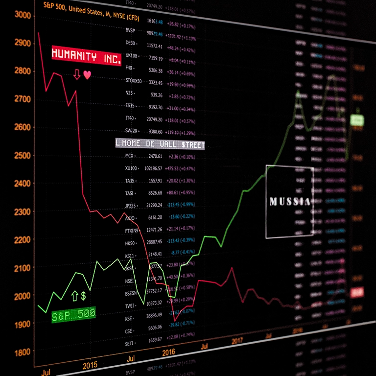 In a Wall Street market value chart, the value of Humanity Incorporated drops while the value S&P 500 rises. "L'Home de Wall Street" Mussia song photo cover. Photo by Jordi Roca Zanuy.