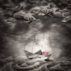 At sea in the midst of a storm, a cardboard ship carrying a red wood heart stays afloat thanks to the strings of puppeteer's hands that guide and support it. "Las Corrientes de aire en el mar" Mussia song photo cover. Photo by Jordi Roca Zanuy.
