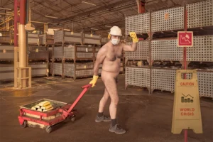 En el interior de una fábrica, un trabajador con mascarilla y desnudo empuja un carro cargado con lingotes de oro y levanta el puño con el símbolo de lucha. Photo by Jordi Roca Zanuy.