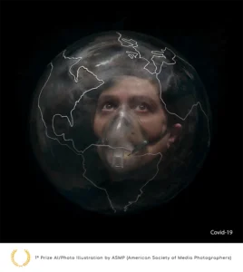 Covid-19 photo illustration. Inside a transparent globe, the head of a woman wearing an oxygen mask looks outward with eyes full of hope and concern. 1º Prize Jordi Roca Zanuy ASMP (American Society of Media Photographers) 2023. Photo by Jordi Roca Zanuy.